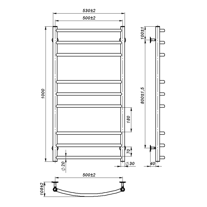 Рушникосушарка водяна Adele (1000*500,9,Сіра,Нижнє підключення)