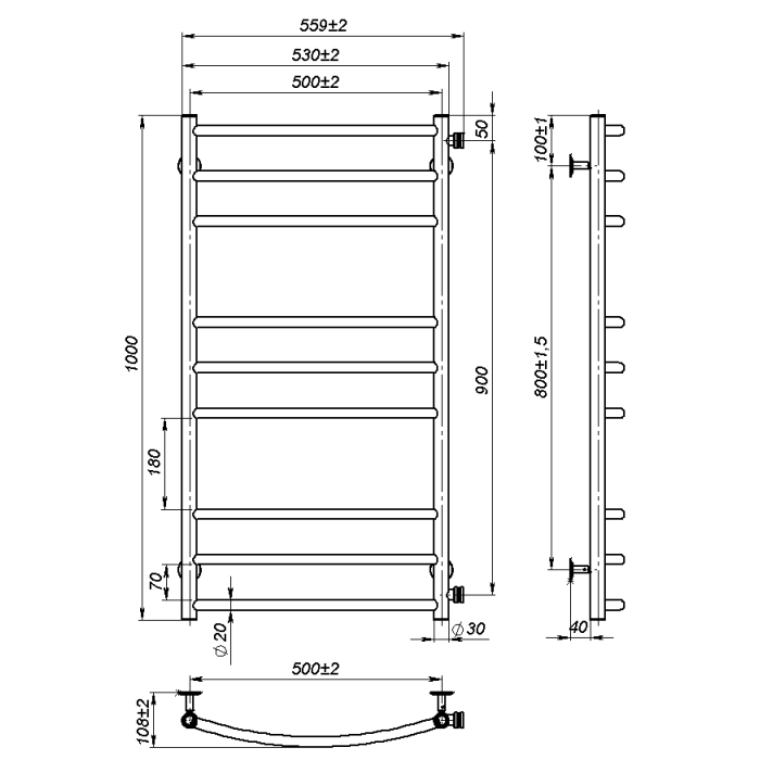 Рушникосушарка водяна Adele (1000*500,9,Сіра,Праве підключення)