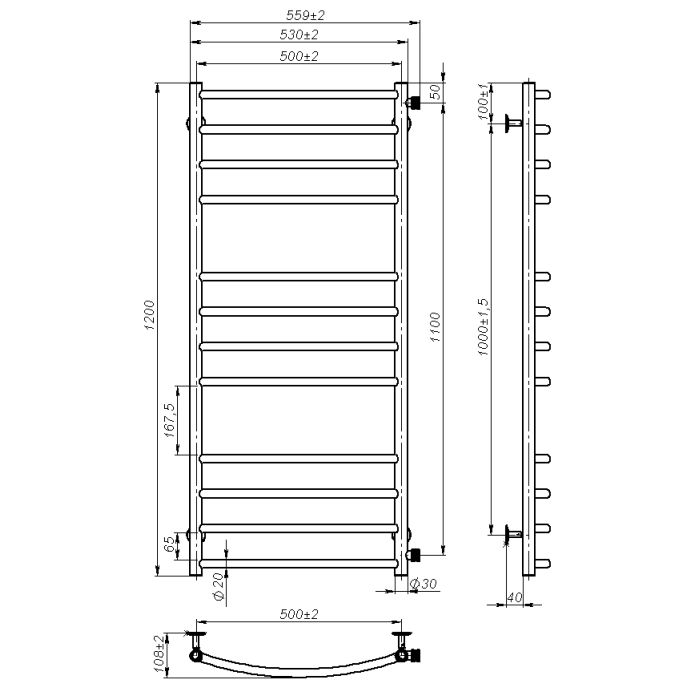 Water towel dryer Adele (1200*500,12,Grey,Right)