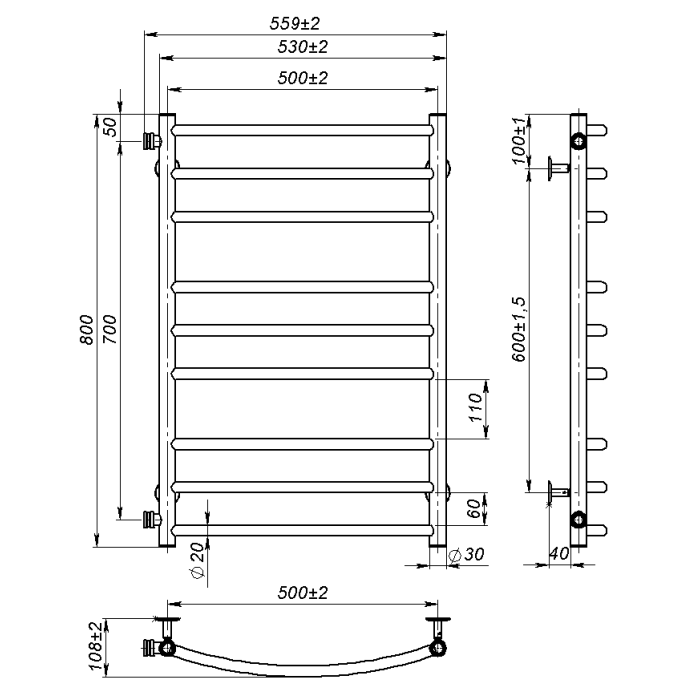 Water towel dryer Adele (800*500,9,Grey,Left)