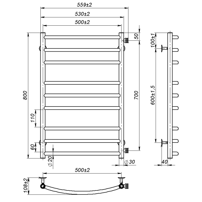 Рушникосушарка водяна Adele (800*500,9,Чорна,Праве підключення)