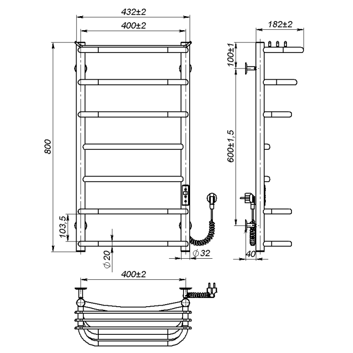 Electric towel dryer Aurora (800*400,7,White,Right,JD03)