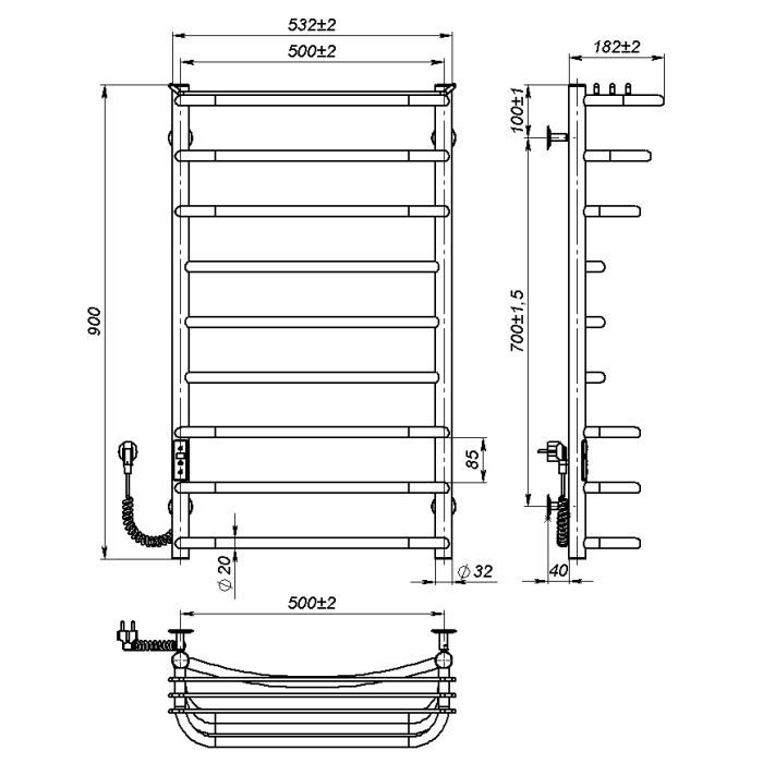 Electric towel dryer Aurora (900*500,9,White,Left,JD03)