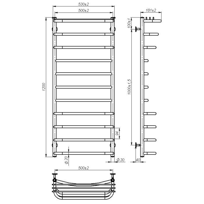 Water towel dryer Aurora (1200*500,11,Grey,Lower)