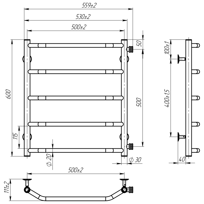Рушникосушарка водяна Ava (600*500,5,Чорна,Праве підключення)