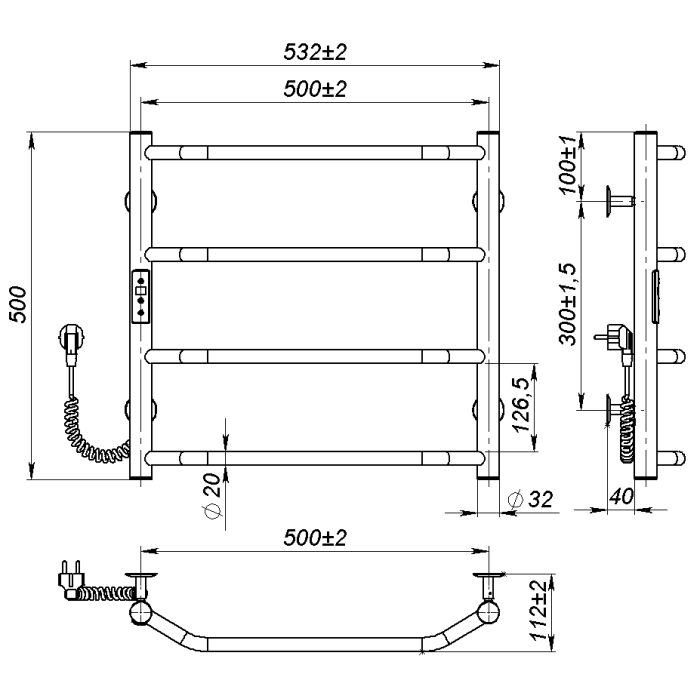 Electric towel dryer Ava (500*500,4,Grey,Left,JD03)