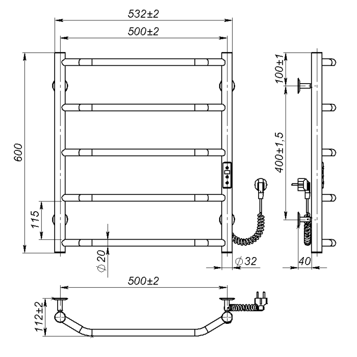 Electric towel dryer Ava (600*500,5,Black,Right,JD03)