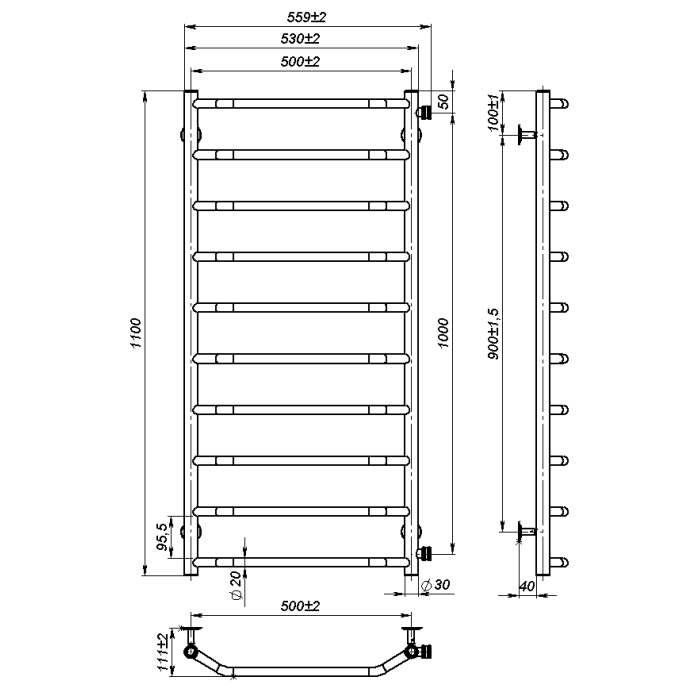 Рушникосушарка водяна Ava (1100*500,10,Полірована,Праве підключення)