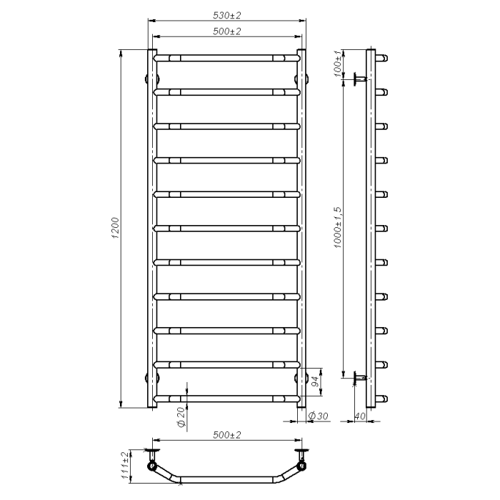 Рушникосушарка водяна Ava (1200*500,11,Біла,Нижнє підключення)