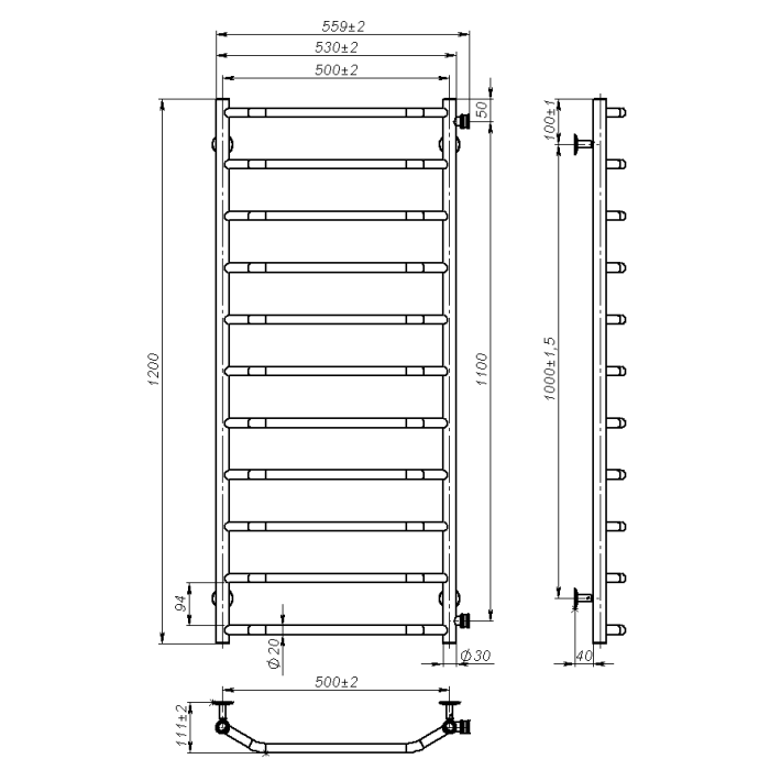 Рушникосушарка водяна Ava (1200*500,11,Чорна,Праве підключення)