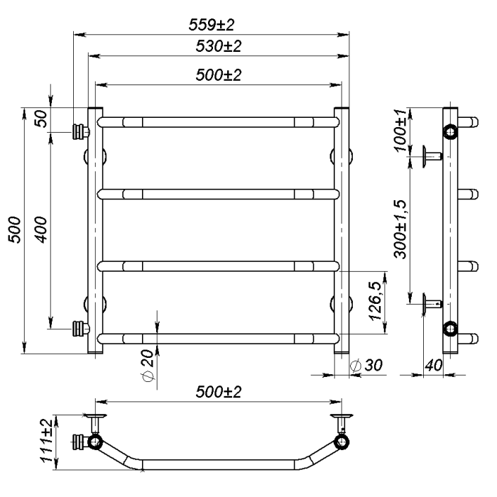 Рушникосушарка водяна Ava (500*500,4,Сіра,Ліве підключення)