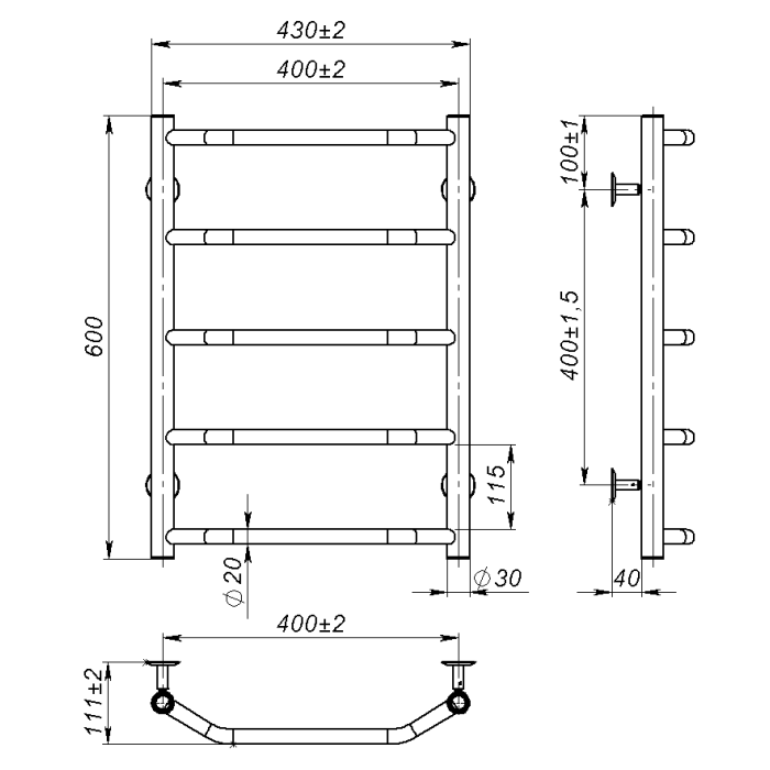 Рушникосушарка водяна Ava (600*400,5,Чорна,Нижнє підключення)