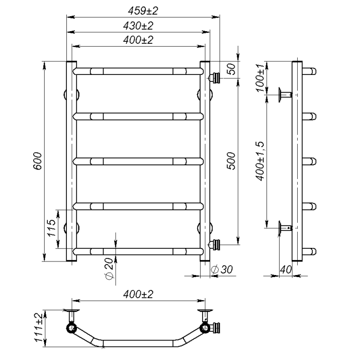 Water towel dryer Ava (600*400,5,Polished,Right)