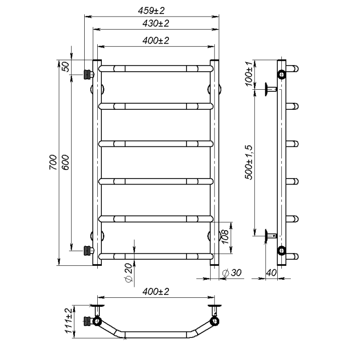 Water towel dryer Ava (700*400,6,Black,Left)