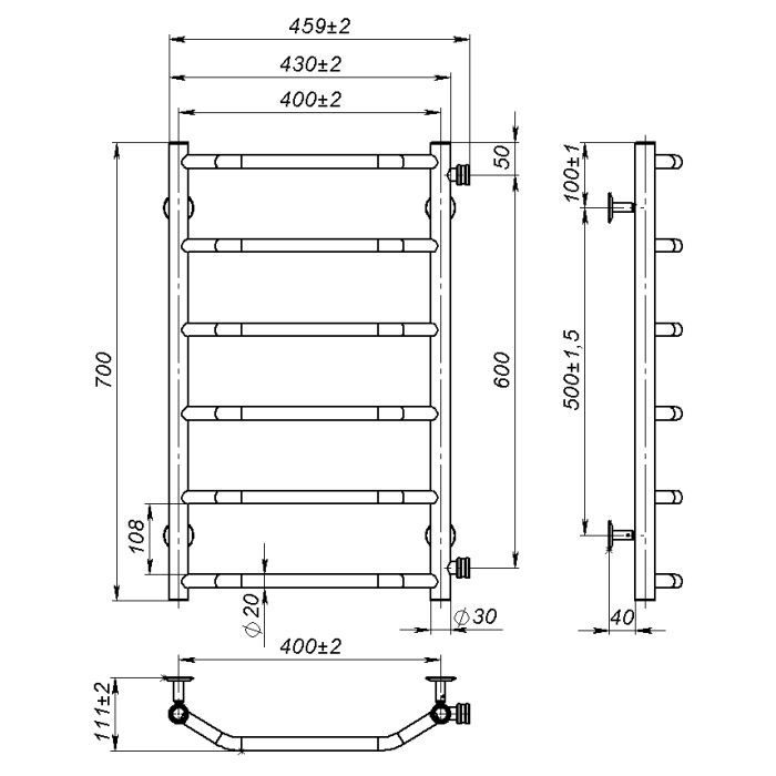 Рушникосушарка водяна Ava (700*400,6,Чорна,Праве підключення)