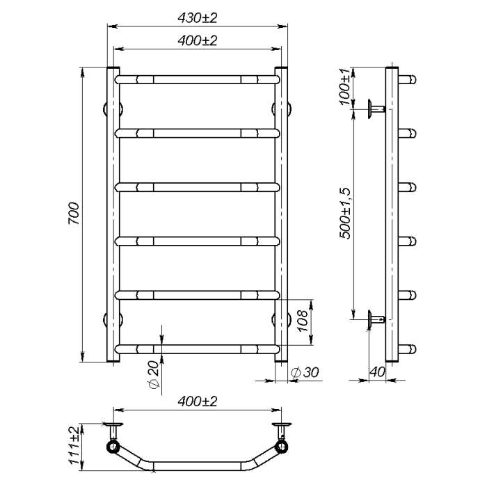 Water towel dryer Ava (700*400,6,Grey,Lower)
