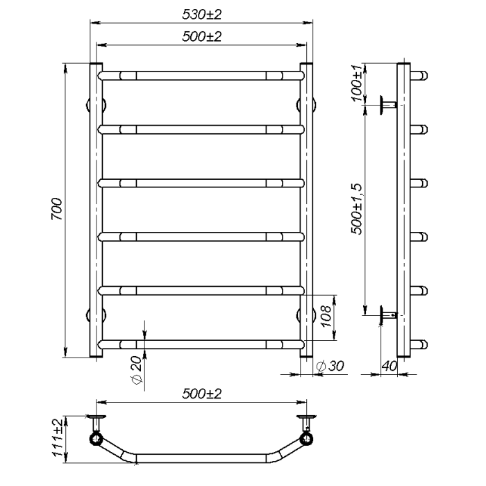 Рушникосушарка водяна Ava (700*500,6,Сіра,Нижнє підключення)