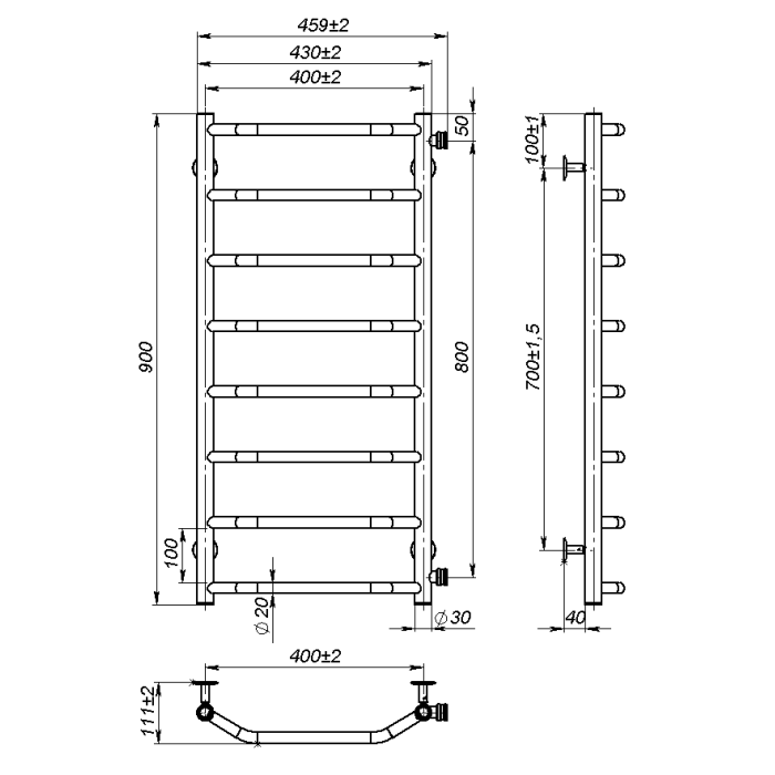 Рушникосушарка водяна Ava (900*400,8,Чорна,Праве підключення)