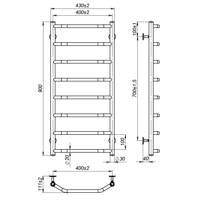 Water towel dryer Ava (900*400,8,White,Lower)