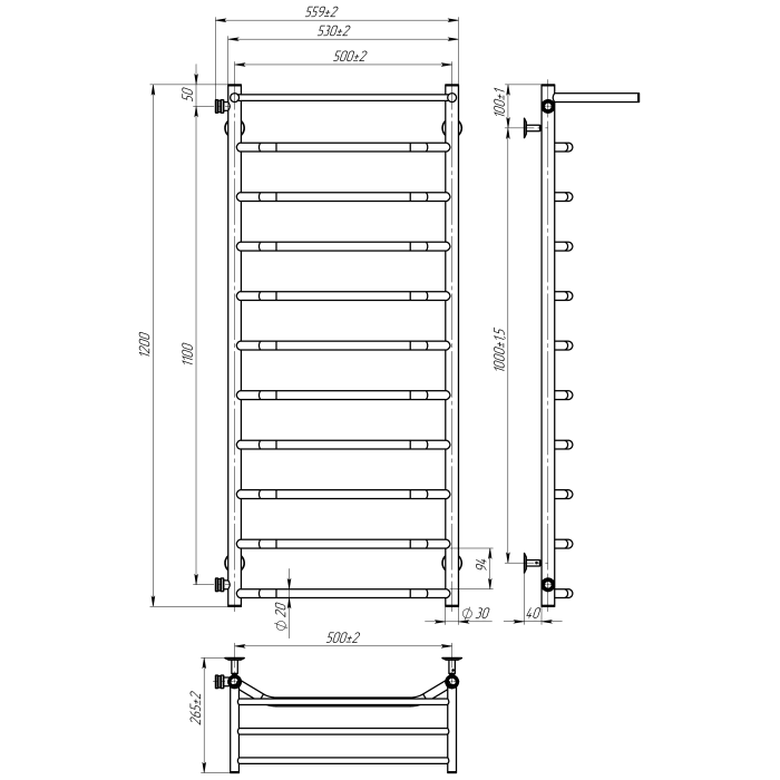 Water towel dryer Dream (1200*500,11,Polished,Left)