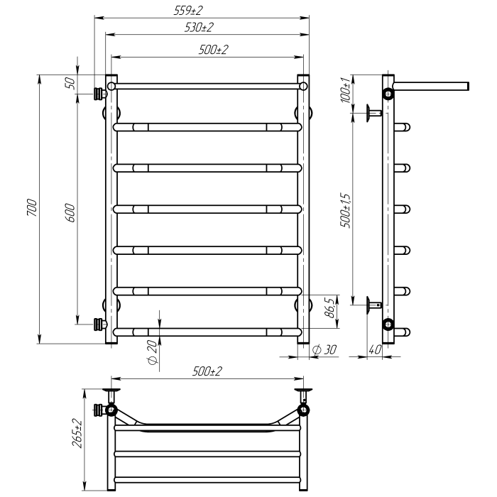 Water towel dryer Dream (700*500,7,Polished,Left)