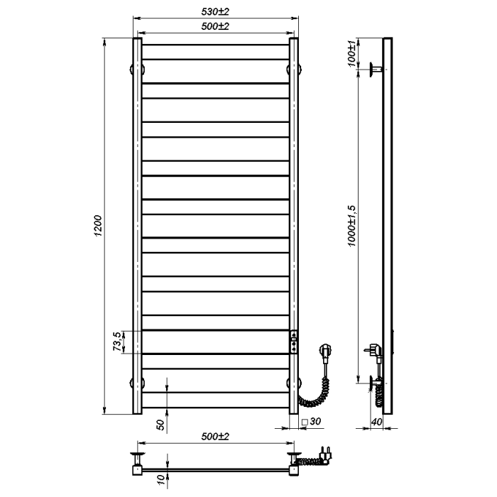 Electric towel dryer Leyla (1200*500,10,Grey,Right,JD04)
