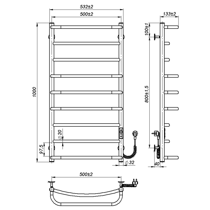Рушникосушарка електрична Lilu (1 000*500,9,Полірована,Праве підключення,JD03)