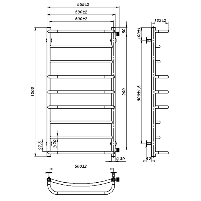 Water towel dryer Lilu (1 000*500,9,Grey,Right)