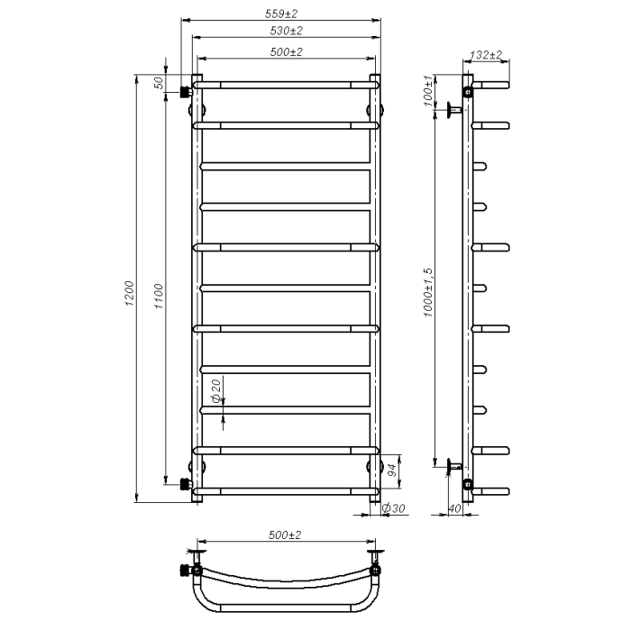 Water towel dryer Lilu (1 200*500,11,Grey,Left)