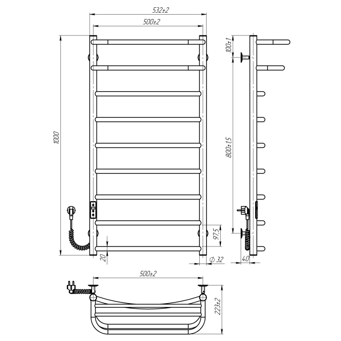 Electric towel dryer Optima (1000*500,9,Grey,Left,JD03)