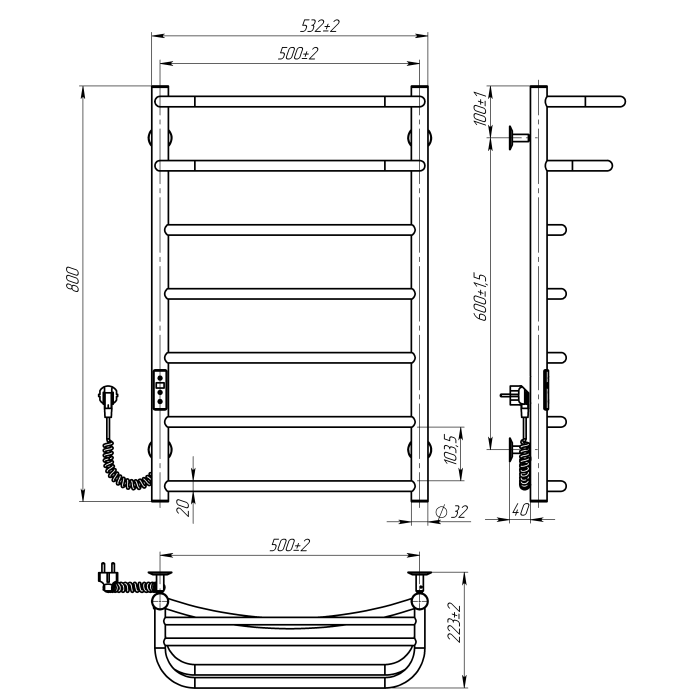 Electric towel dryer Optima (800*500,7,Grey,Left,JD03)
