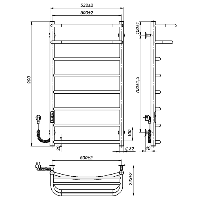 Electric towel dryer Optima (900*500,8,Grey,Left,JD03)
