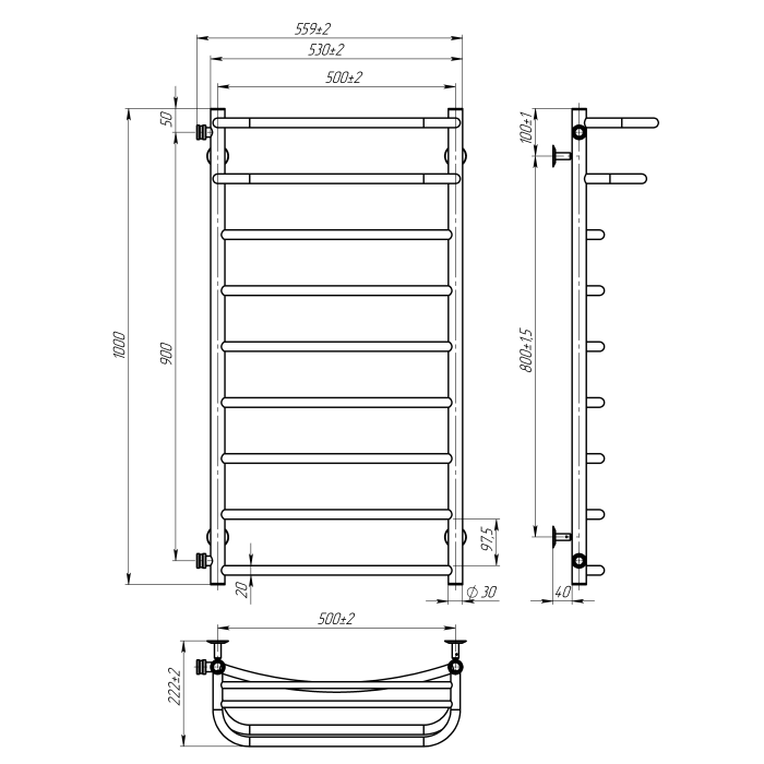Рушникосушарка водяна Optima (1000*500,9,Сіра,Ліве підключення)