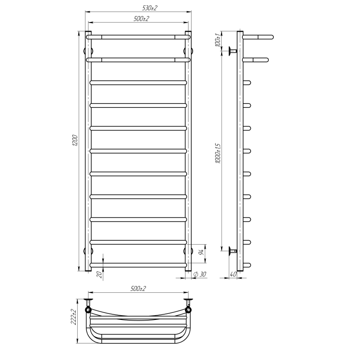 Рушникосушарка водяна Optima (1200*500,11,Полірована,Нижнє підключення)