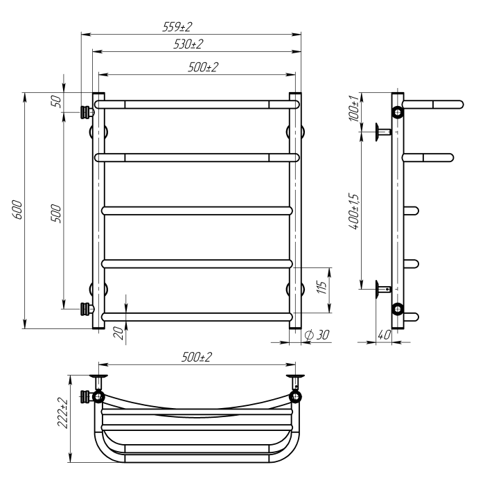 Рушникосушарка водяна Optima (600*500,5,Сіра,Ліве підключення)