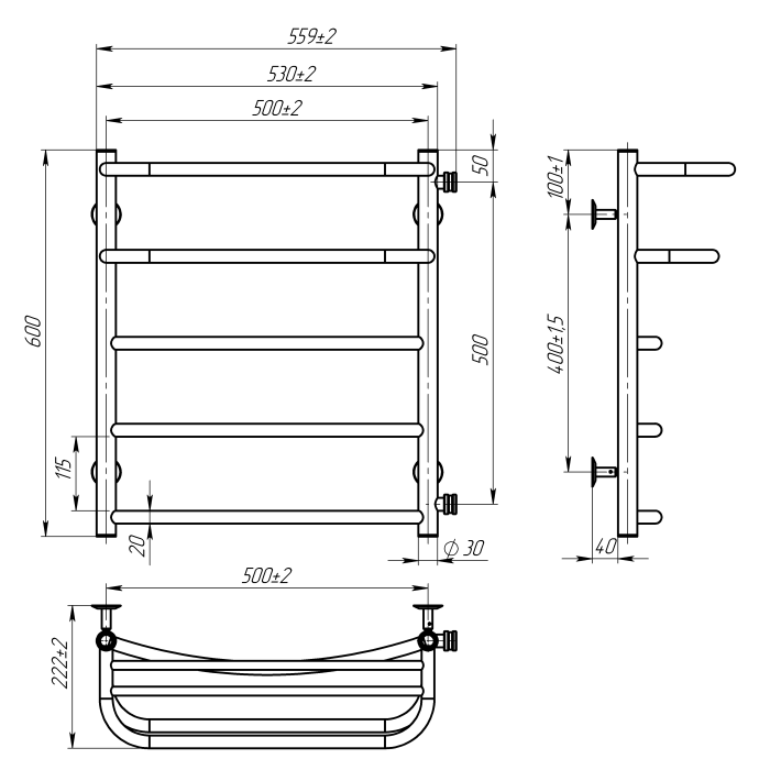 Рушникосушарка водяна Optima (600*500,5,Полірована,Праве підключення)