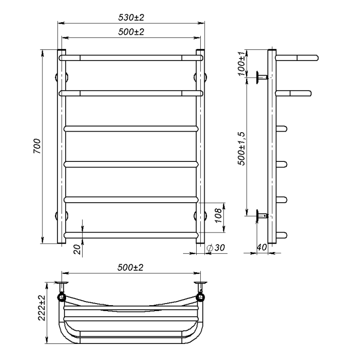 Рушникосушарка водяна Optima (700*500,6,Чорна,Нижнє підключення)