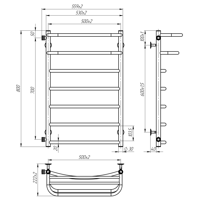 Рушникосушарка водяна Optima (800*500,7,Біла,Ліве підключення)