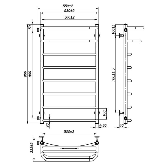 Рушникосушарка водяна Optima (900*500,8,Чорна,Ліве підключення)