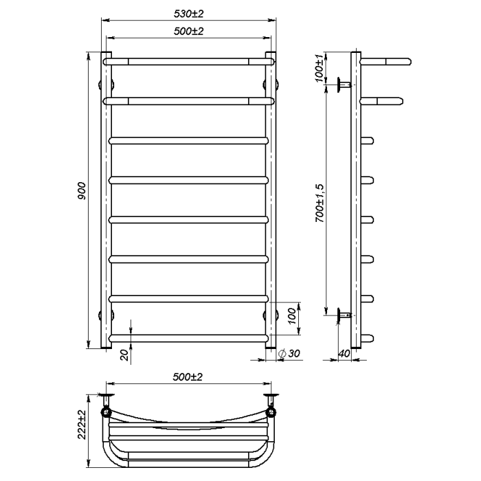 Рушникосушарка водяна Optima (900*500,8,Сіра,Нижнє підключення)