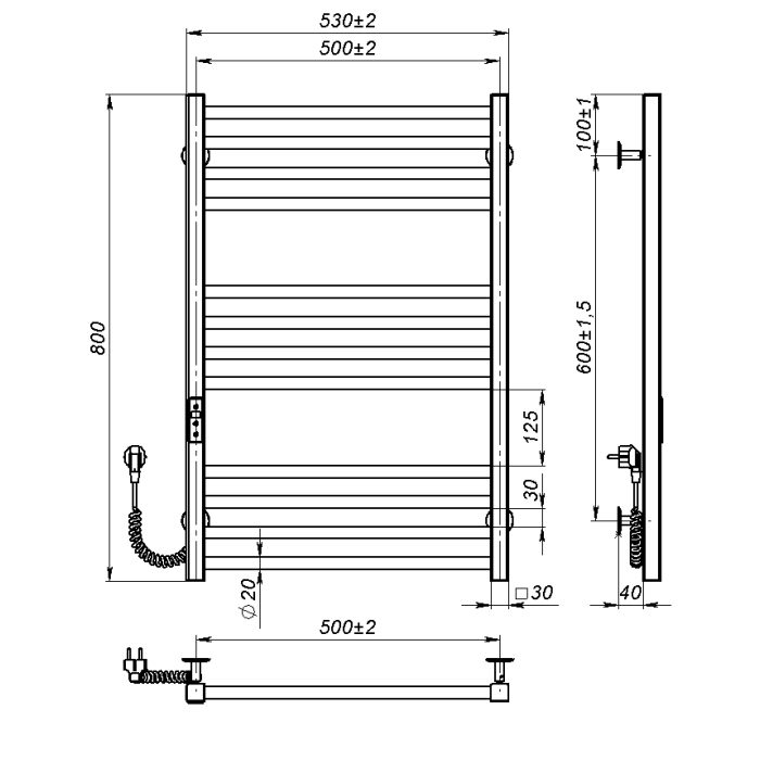 Electric towel dryer Pola (800*500,12,Grey,Left,JD04)