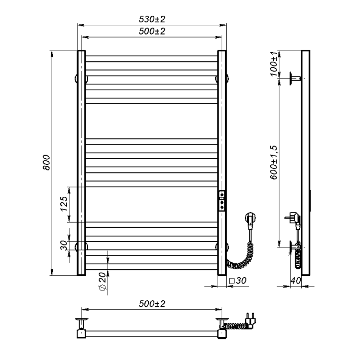 Electric towel dryer Pola (800*500,12,Grey,Right,JD04)