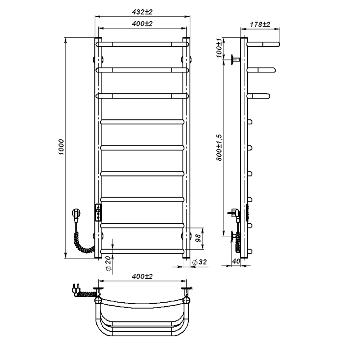 Рушникосушарка електрична Prima (1 000*400,9,Полірована,Ліве підключення,JD03)