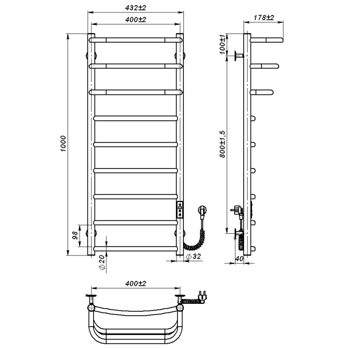 Рушникосушарка електрична Prima (1 000*400,9,Біла,Праве підключення,JD03)