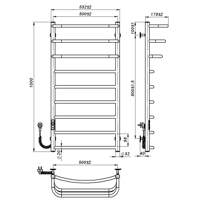 Рушникосушарка електрична Prima (1 000*500,9,Сіра,Ліве підключення,JD03)