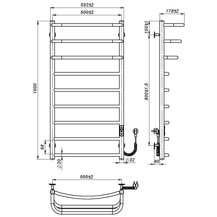 Рушникосушарка електрична Prima (1 000*500,9,Сіра,Праве підключення,JD03)