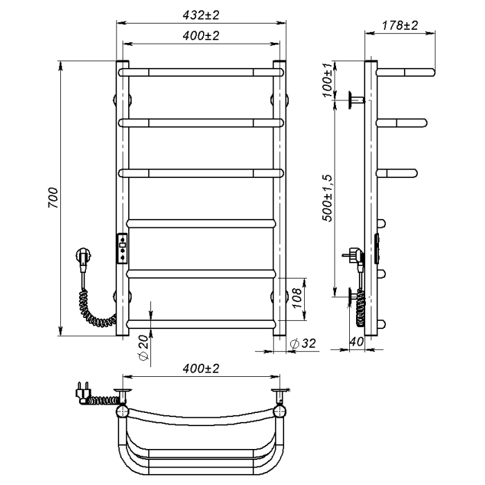 Рушникосушарка електрична Prima (700*400,6,Полірована,Ліве підключення,JD03)