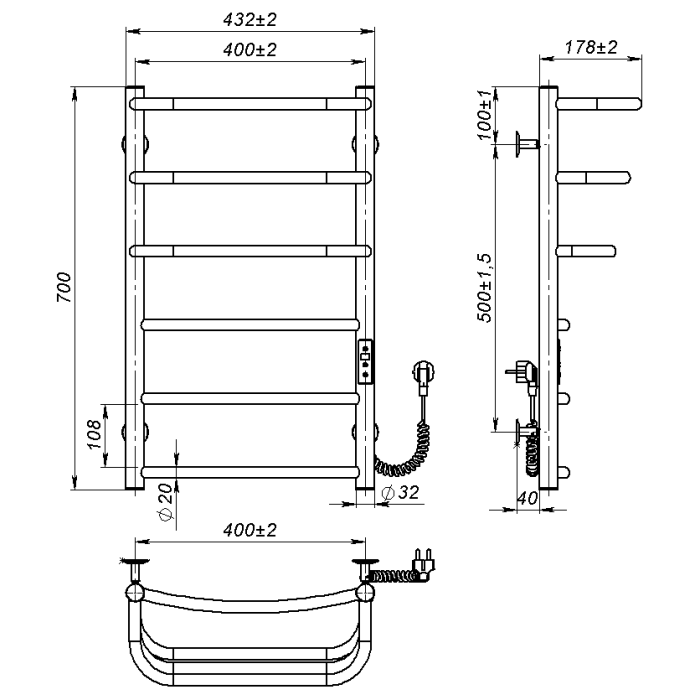 Рушникосушарка електрична Prima (700*400,6,Полірована,Праве підключення,JD03)