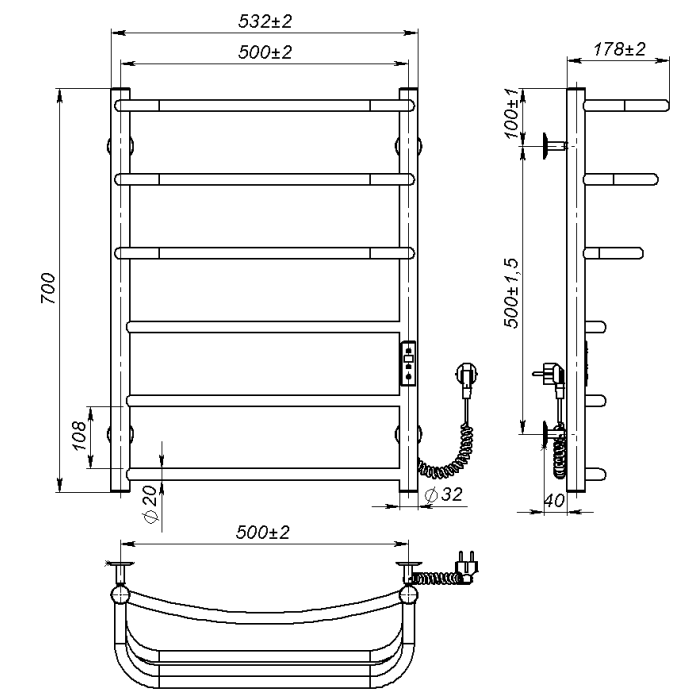 Рушникосушарка електрична Prima (700*500,6,Сіра,Праве підключення,JD03)