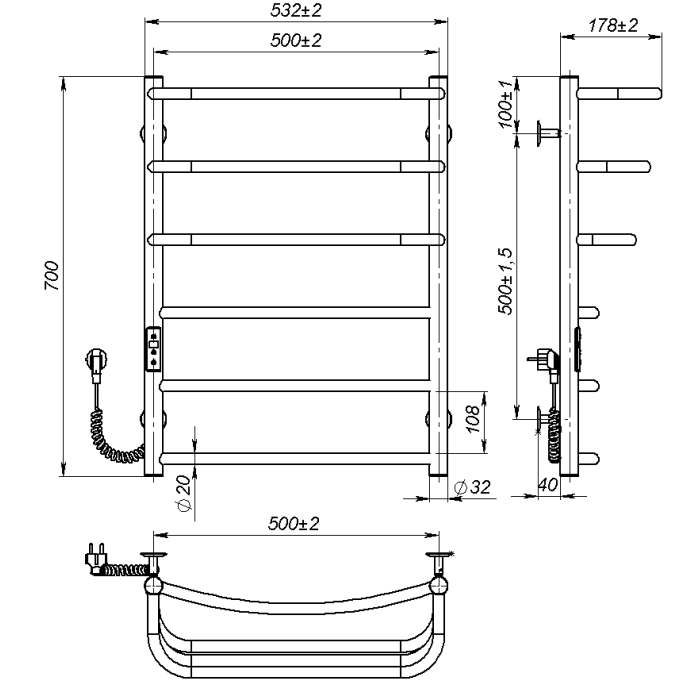 Electric towel dryer Prima (700*500,6,White,Left,JD03)
